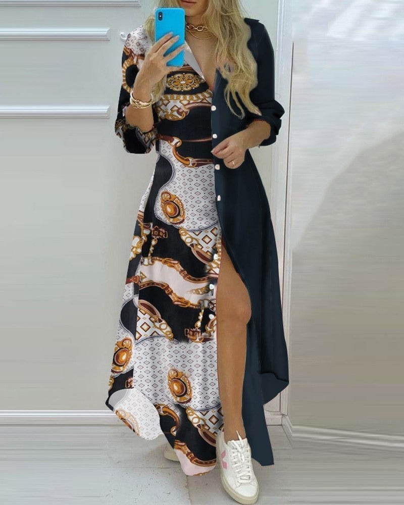 2024 Spring Autumn Sexy Polo Neck Shirt Dress Women's Long Sleeve Retro style Personalized Print Dress Casual Shirt Dress