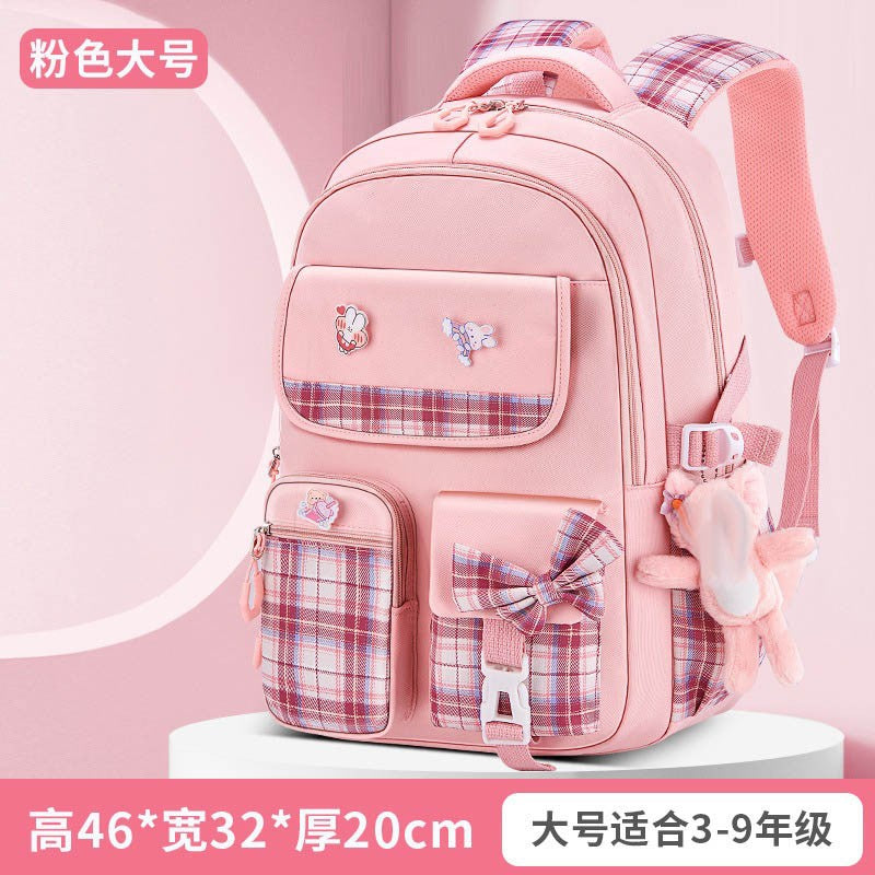 Protecting The Spine Ergonomics Elementary School Students Girls Checkered Backpack Large Capacity Lightweight Waterproof