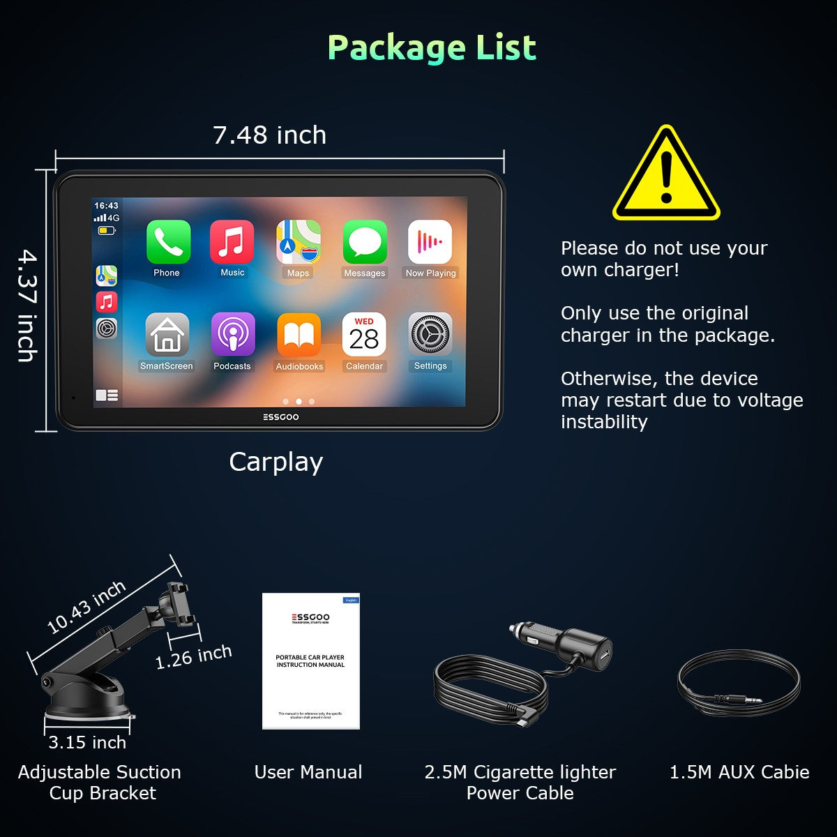 ESSGOO 7 polegadas Portátil Wireless Carplay MP5 Player BT Tela Sensível ao Toque Android Auto Rádio Automotivo Universal Estéreo GPS WiFi