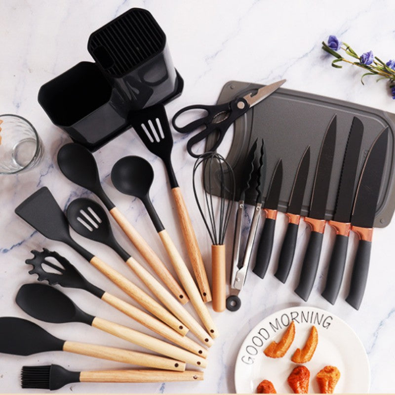 Conjunto de utensílios de cozinha de silicone, 19 peças com cabo de madeira, espátula, panela antiaderente e balde de armazenamento de facas multiuso integrado
