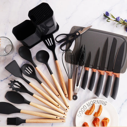 Conjunto de utensílios de cozinha de silicone, 19 peças com cabo de madeira, espátula, panela antiaderente e balde de armazenamento de facas multiuso integrado