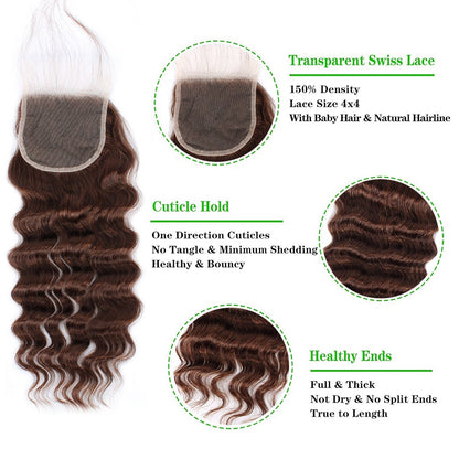 Cabelo Castanho com Fechamento, Cachos Soltos, Cabelo Humano Brasileiro Virgem 12A, Cachos Soltos e Profundos, Cabelo Cru