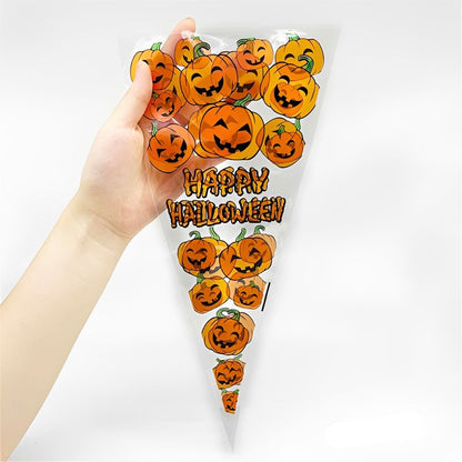 50/100pcs Cute Pumpkin Triangle Candy Bags Happy Halloween Print Cone Snack for Party Giveaways YMY