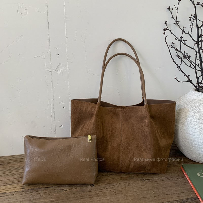 LEFTSIDE Women Faux Suede Shoulder Bag 2025 Winter Retro Soft Tote Bag Luxury Designer Trend Female High Capacity Handbags
