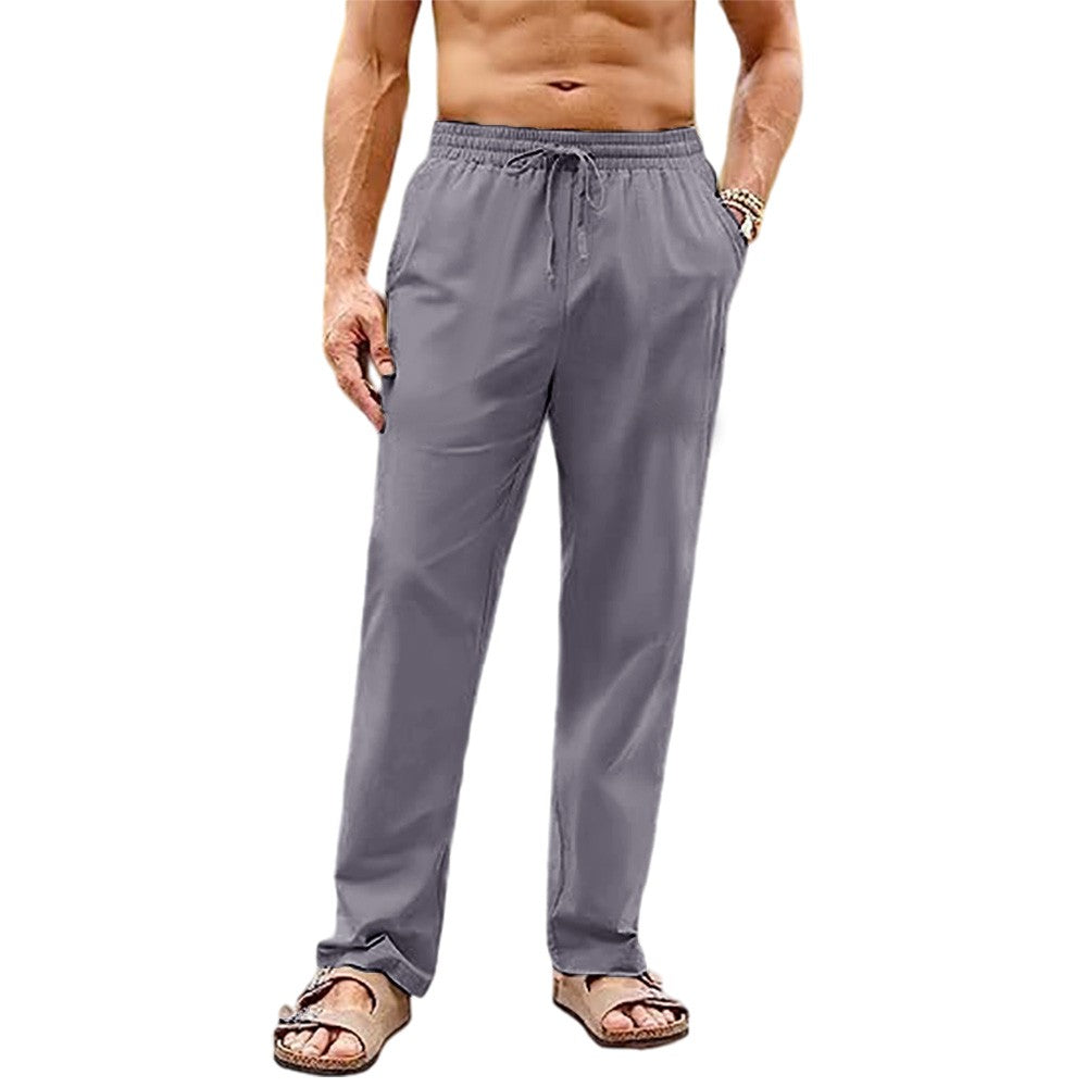 Calça Masculina de Algodão e Linho Pernas Retas Estilo Praia Leve Respirável Casual Com Cordão e Cintura Elástica