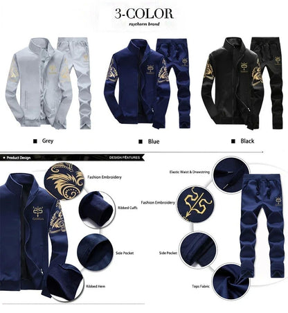 Winter Men's Sports Suit with Fleece and Warm Standing Collar Jacket+men's Drawstring Sports Pants Fashionable Printed Men's Set