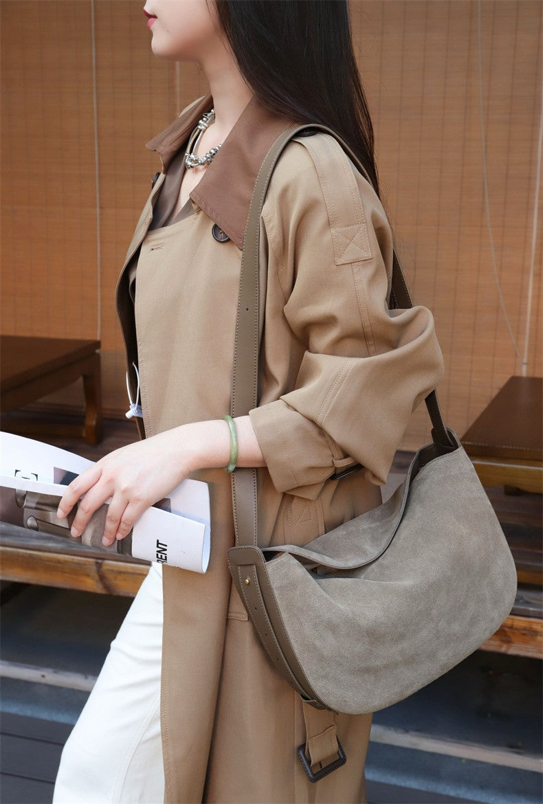 Burminsa Suede Genuine Leather Hobo Shoulder Bags For Women 2025 Luxury Designer Crescent Crossbody Purses Work Ladies Handbags