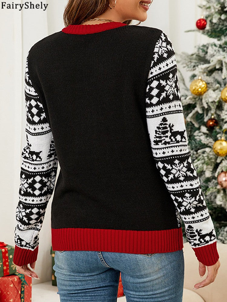 Fairyshely 2026 Winter Casual Print Knitted Sweater Women O Neck Christmas Knit Pullover Top Ladies Long Sleeve Loose Jumper