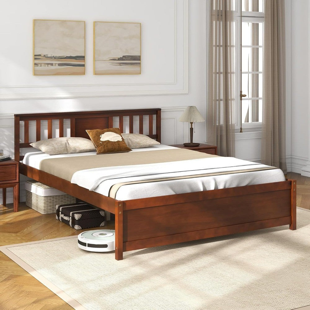 Estrutura de Cama Queen Size de Madeira Maciça, Estrutura de Cama Queen de Meio Século com Cabeceira, Suporte de Estrado de Madeira, Cama de Painel, Sem B