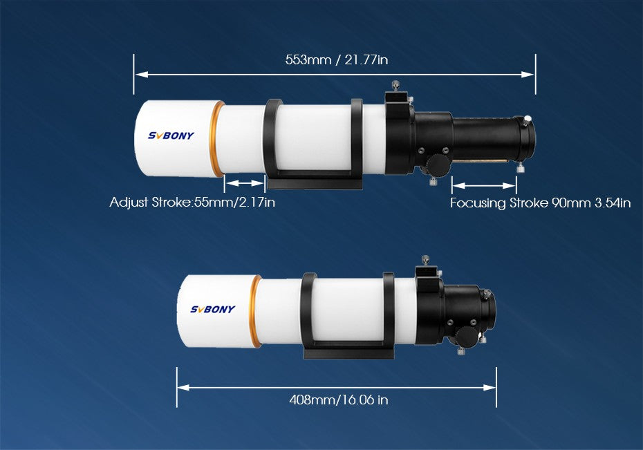Telescópio Astronômico Refrator Svbony SV48P 90/102mm Abertura OTA com Focador de Duas Velocidades para Astrofotografia de Céu Profundo