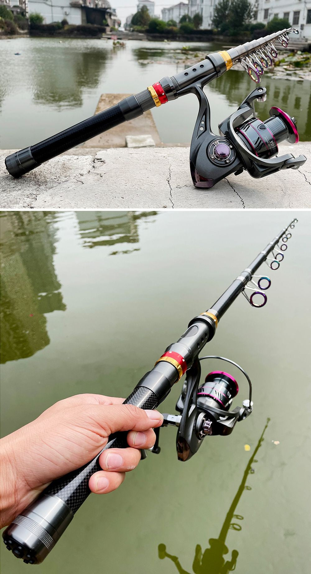 Vara de Pesca e Carretilha de Fibra de Carbono 1.8-3.6m Super Dura Vara de Pesca Telescópica Kit Carretilha de Spinning Resistência Máxima 3-8kg Pesca