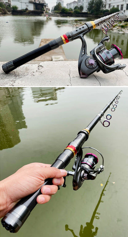 Vara de Pesca e Carretilha de Fibra de Carbono 1.8-3.6m Super Dura Vara de Pesca Telescópica Kit Carretilha de Spinning Resistência Máxima 3-8kg Pesca
