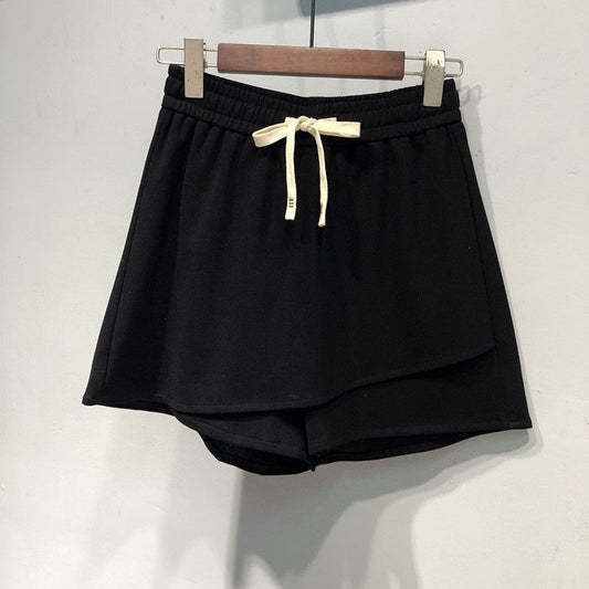 Casual Elastic Waist Fake Two Pieces Patchwork A-line Wide Leg Shorts Summer Loose Solid Fashion Shorts Vintage Women Clothing