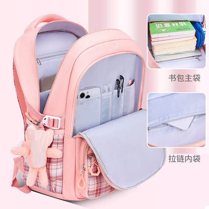 Protecting The Spine Ergonomics Elementary School Students Girls Checkered Backpack Large Capacity Lightweight Waterproof
