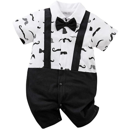 Boys Cartoon Printed Clothes Short Sleeve Bow Tie Romper  Moustache Cotton Baby Gentleman Newborn Toddler Baby Jumpsuit Print