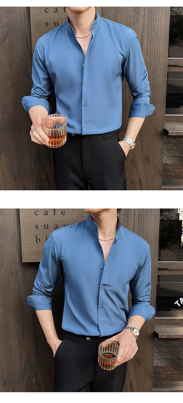 2025 Spring New Chinese Style High End Stand Up Collar Shirt Men's Long Sleeve Elastic Slimming Top Social Dress Shirt
