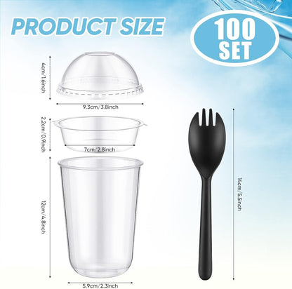 100 Conjuntos de Copos para Parfait de 470 ml com Tampas Cúpula - Copos de Plástico para Iogurte com Inserção sem Furo e Garfo/Colher - Copos Descartáveis para Sobremesa