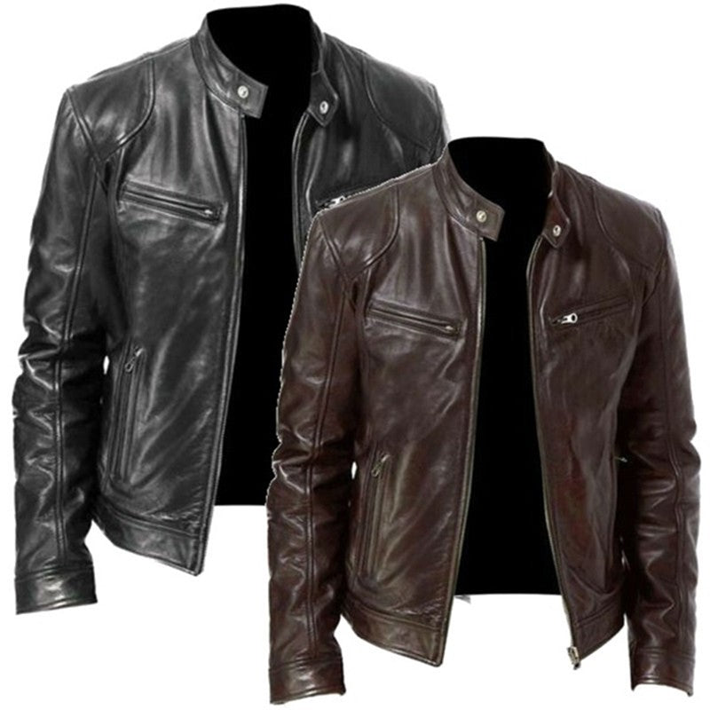 2024 Mens Fashion Leather Jacket Slim Fit Stand Collar PU Jacket Male Anti-wind Motorcycle Lapel Diagonal Zipper Jackets Men