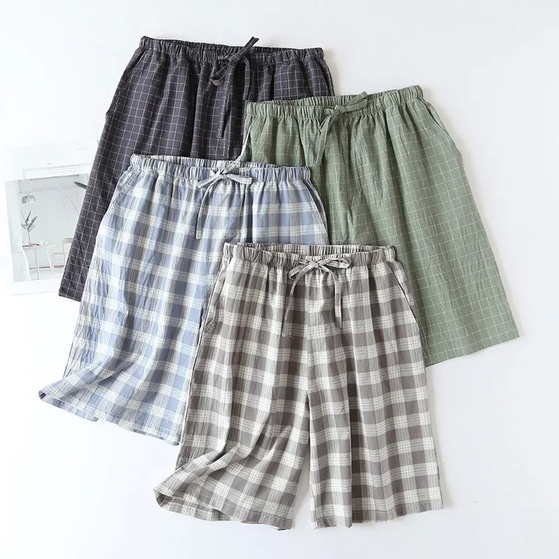 Plaid Design Sleepwear Men Pajama Shorts for Summer Thin Cotton Loose Double-layer Homewear Lounge Wear Checkered Pj Pants