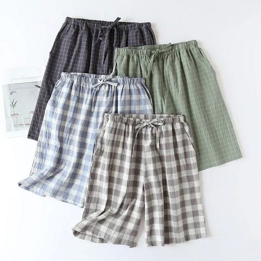 Plaid Design Sleepwear Men Pajama Shorts for Summer Thin Cotton Loose Double-layer Homewear Lounge Wear Checkered Pj Pants