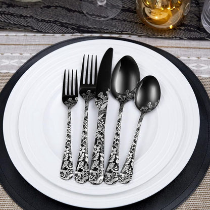 Conjunto de Talheres de Aço Inoxidável 20 Peças com Padrão de Borboleta, Talheres Espelhados, com Colher, Garfo e Faca, Adequado para Entusiastas de Dark Rock, Adequado para o Halloween,