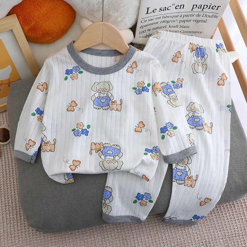 Kids Boys Girls Summer Cotton Thin Pajamas Cute Cartoon Print Long Sleeve T-shirt Tops+Pants Baby Clothing Sets