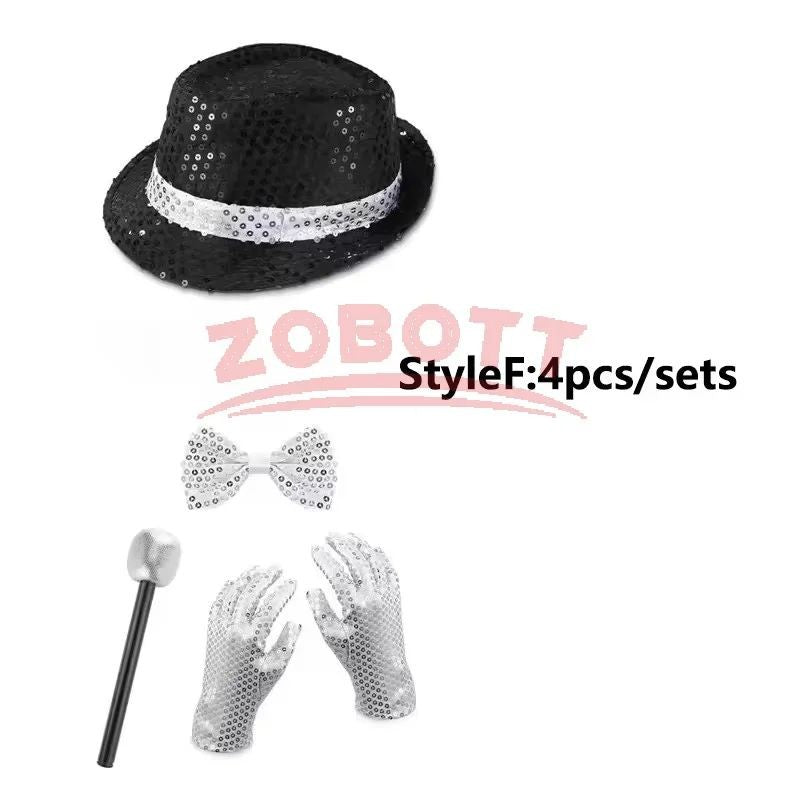 Disco Stage Performance Sequin Hat Tie Glove Set Michael Jackson Cosplay Style Sparkly Costume For Dance Party Halloween Gift