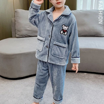 Boys Autumn Winter Thickened Flannel Coral Fleece Pajama Set Warm Kids Sleepwear Homewear