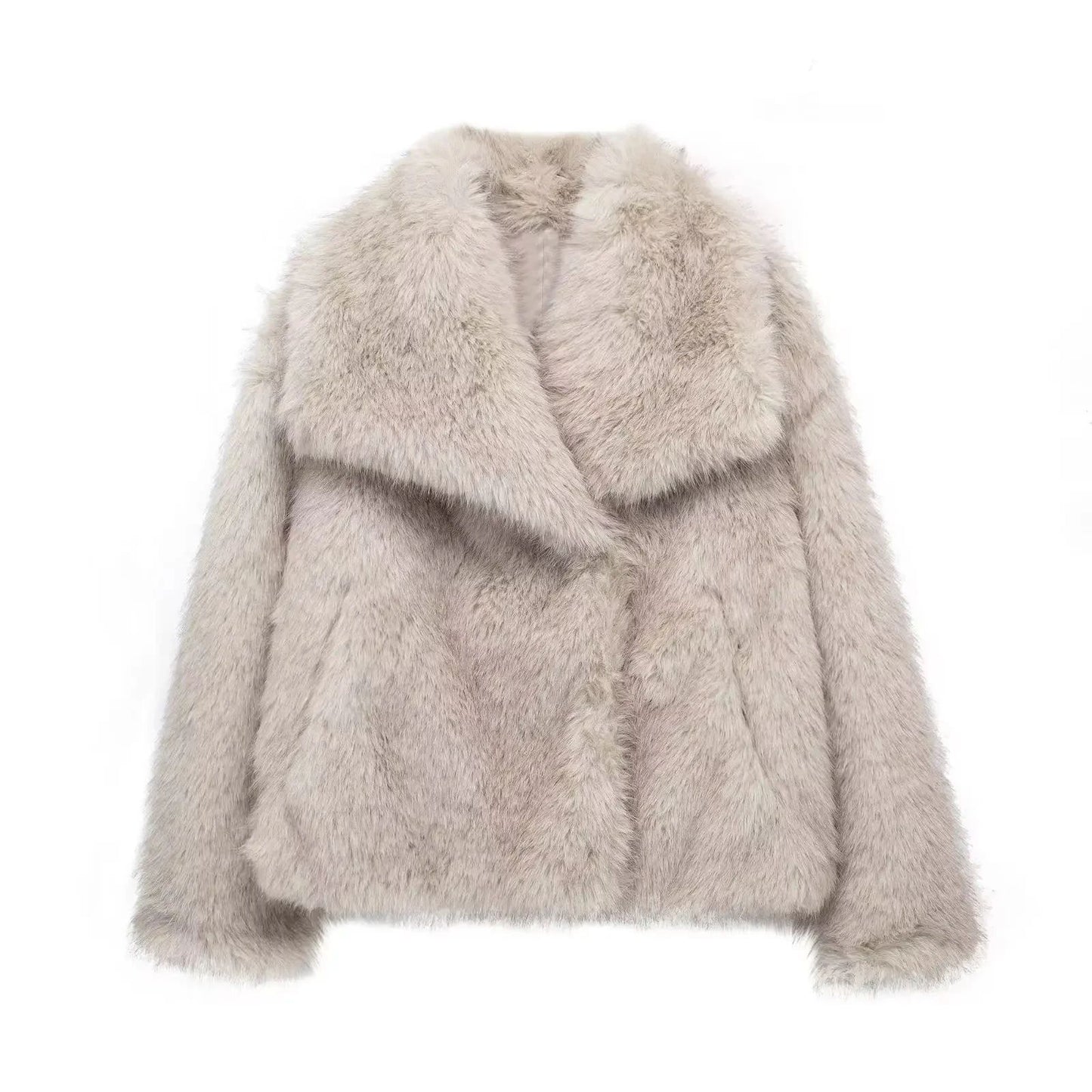 HH 2025 Vintage Women Cropped Faux Fur Jacket Long Sleeve Turn-Down Collar Female Plush Wool Coats Chic Lady Fur Outerwear