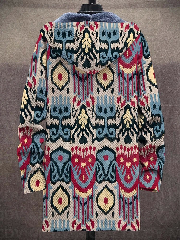 Unisex Retro Ethnic Pattern Print Plush Thick Long-Sleeved Sweater Cardigan Coat