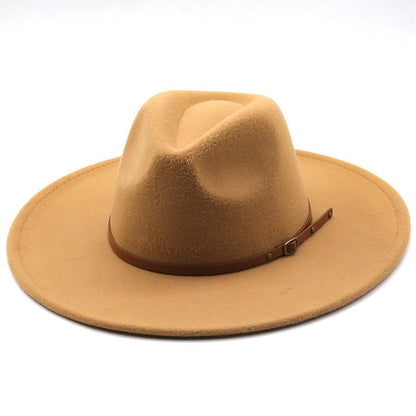 9.5cm Wide Brim Fedora Hats with Brown Belt Autumn Winter Women Party Top Hat Men Jazz Retro Cowboy Felt Cap Panama Sun Hat