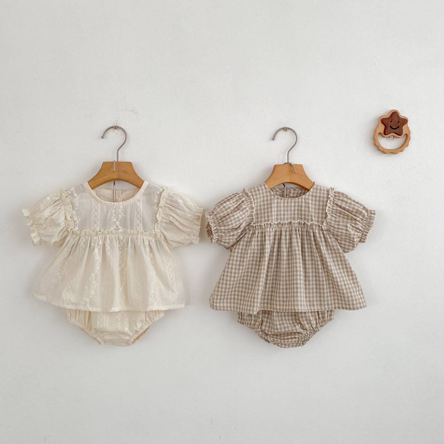 Girls Summer Fashion Set Children's Embroidered Grid Puff Sleeve Top+Shorts Two Piece Cute Baby Girls Clothes Set Baby Clothes