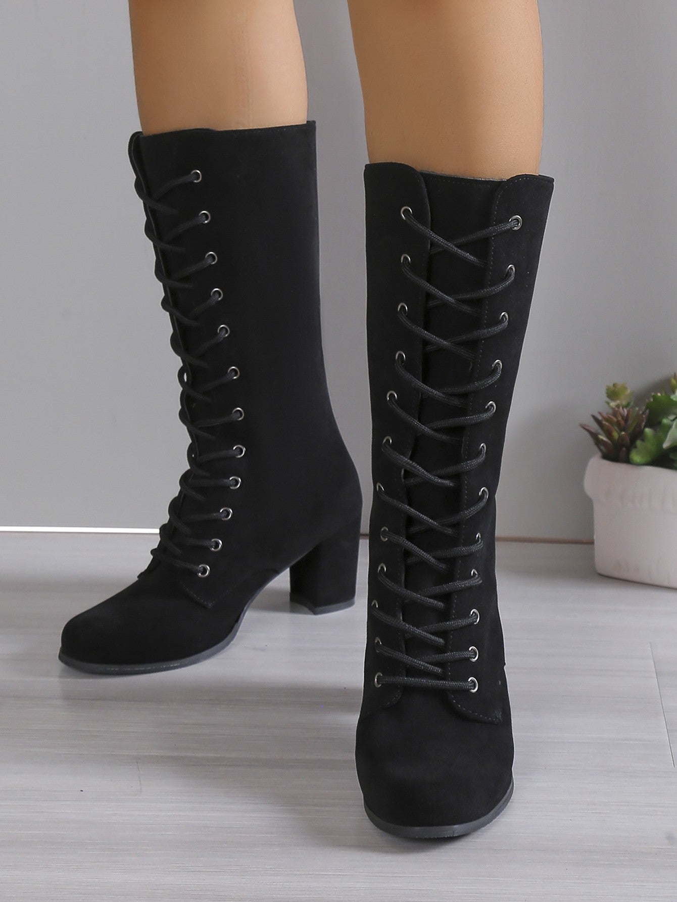 Winter Women Boots Shoes Fashion Vintage Lace-up Boots Women Round Cowboy High Heels Booties Shoes Woman Botas Mujer