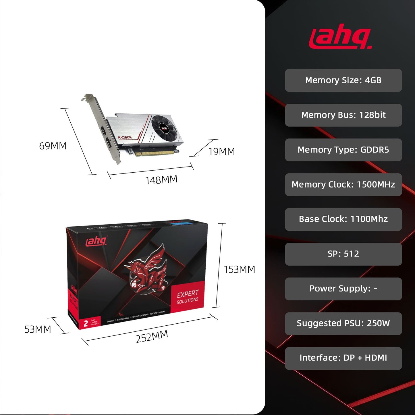 Placa Gráfica AHQ RX550 4G GDDR5 LP Perfil Baixo GPU NVIDIA Industrial Mini ITX SFF IPC Micro Servidor Torre HTPC 100% Nova