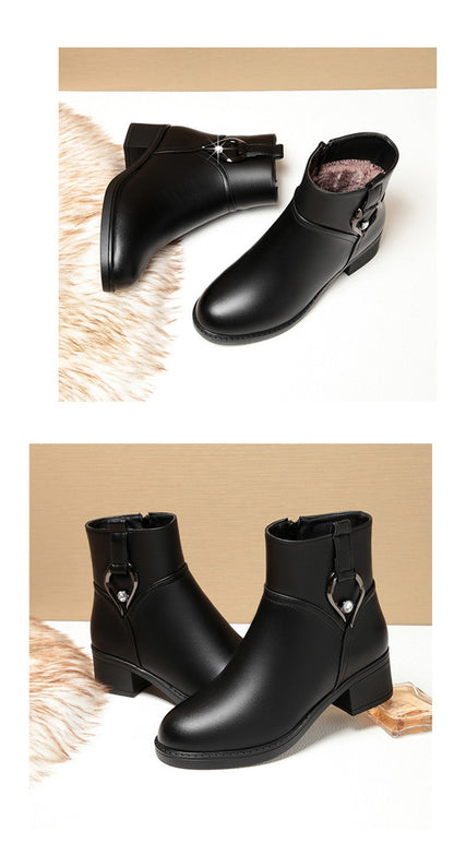 Women's Winter Waterproof Fashion Soft Leather Ankle Boots Mom Thick Plush Warm Cotton Shoes Thick Heel Platform Boots