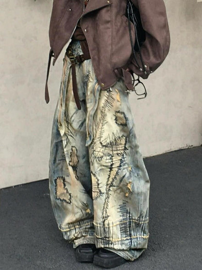 American Street Destruction Style Embroidered Denim Pants Oversized Retro Wash Personality Fashion Loose Casual Wide Leg Jeans