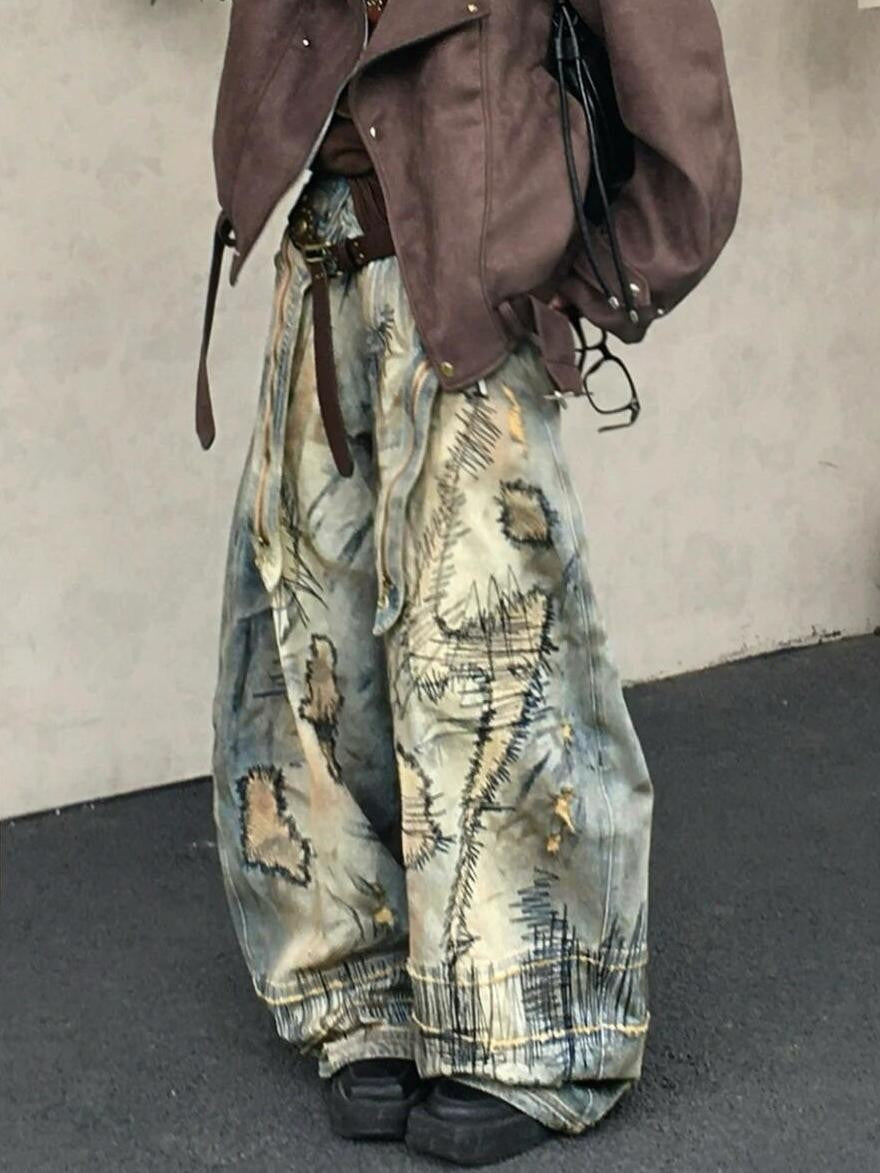 American Street Destruction Style Embroidered Denim Pants Oversized Retro Wash Personality Fashion Loose Casual Wide Leg Jeans