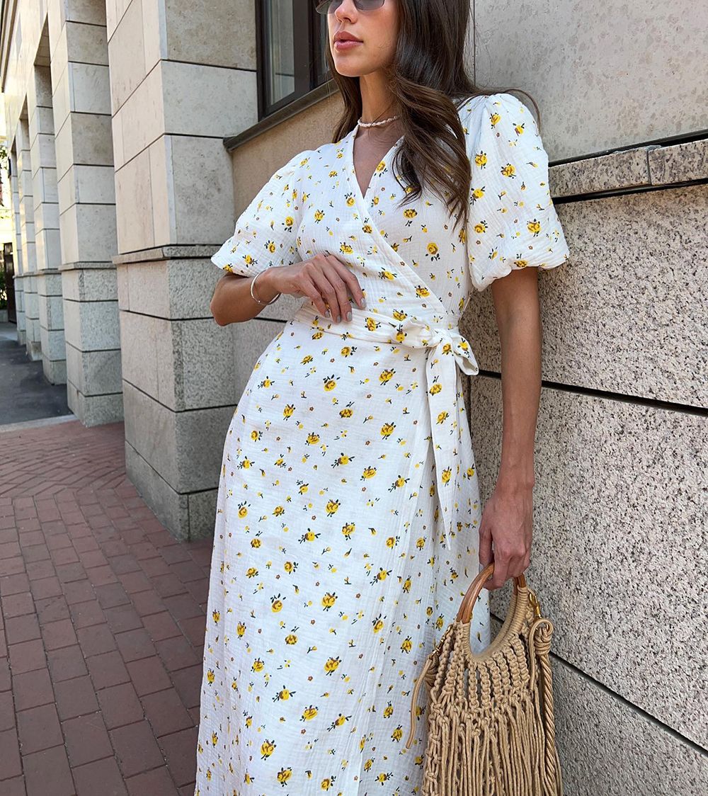 Casual Women's Summer Dresses 100% Cotton Floral Print A-line Midi Dress with Si