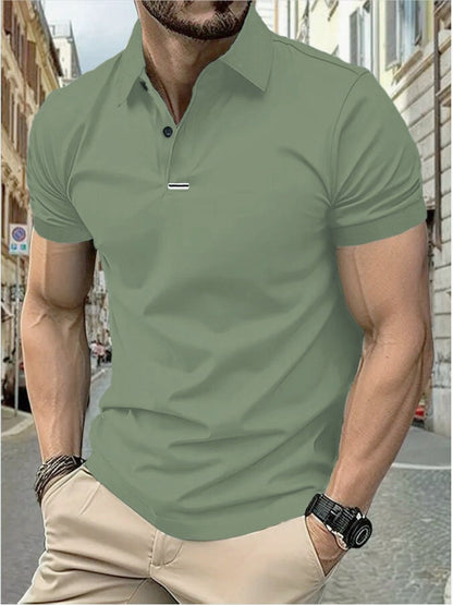 Men's solid color short-sleeved button-down lapel T-shirt casual top