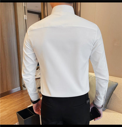 Men Standing Collar Shirt Long Sleeved 2024 Autumn British Style Solid Casual Hidden Button Elastic Slim Fit Formal Dress Shirt
