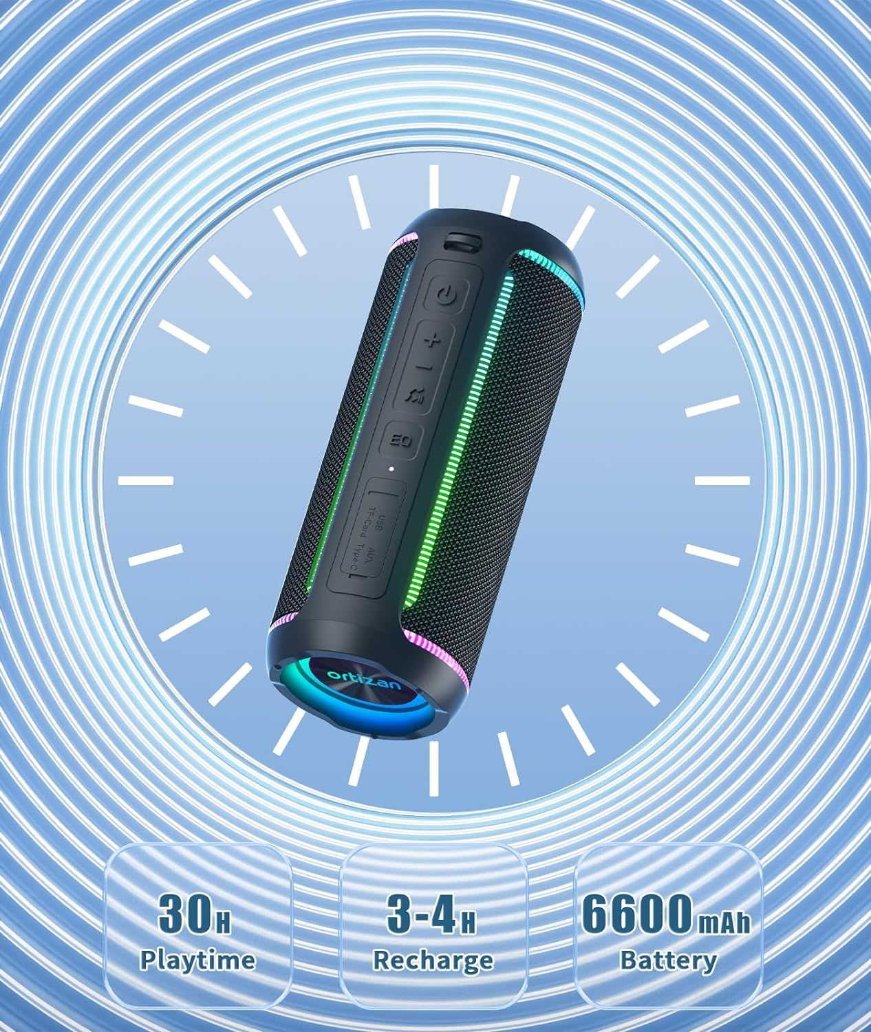 Ortizan X30 Caixa de Som Bluetooth Portátil Bluetooth 5.3 Caixa de Som Sem Fio com Som Estéreo Alto HD de 40W e Luzes RGB Coloridas AUX