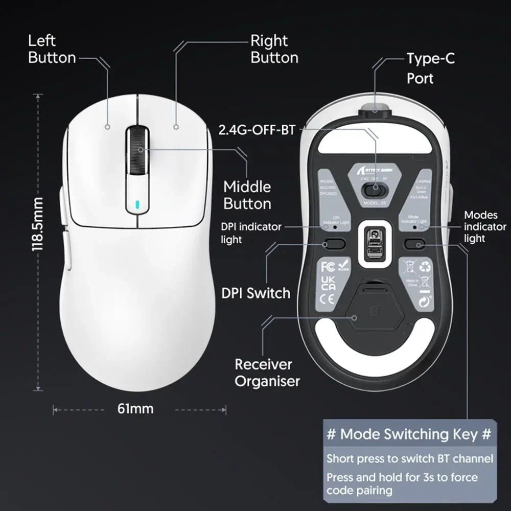 Mouse Gamer Sem Fio Attack Shark X3 49g Ultraleve Sensor PAW3395 26K DPI Tri-Mode Macro Programável RGB para PC/Mac