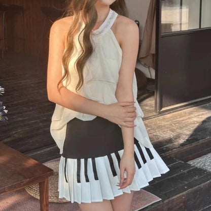 Y3NE Women Schoolgirl High Waist Pleated Flared Vintage Piano Print A Line Mini Skirt