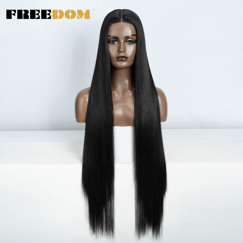 Peruca frontal de renda sintética FREEDOM para mulheres, 38 polegadas, longa, lisa, ombré, marrom, vermelho, gengibre, destaque, perucas frontais de renda, peruca de cosplay