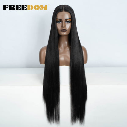 Peruca frontal de renda sintética FREEDOM para mulheres, 38 polegadas, longa, lisa, ombré, marrom, vermelho, gengibre, destaque, perucas frontais de renda, peruca de cosplay