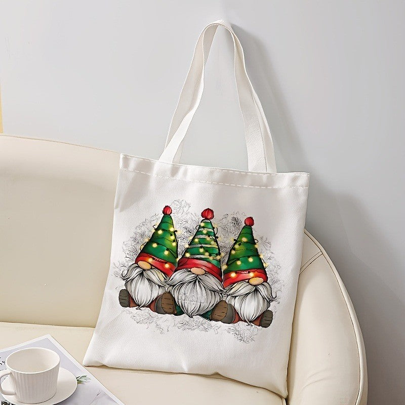 Christmas Gnome and Tree Pattern Tote Bag Casual Shoulder Shopping Bag Reusable Fashion Multi-functional Handbag Holiday Gift