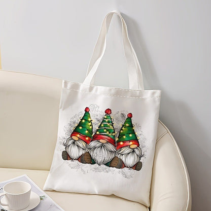Christmas Gnome and Tree Pattern Tote Bag Casual Shoulder Shopping Bag Reusable Fashion Multi-functional Handbag Holiday Gift