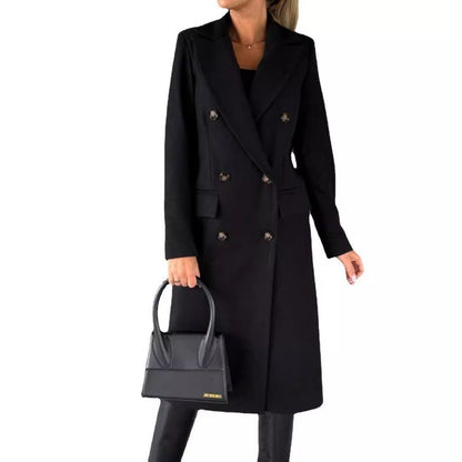 Autumn and Winter Women's Clothing Long-sleeved Lapel Solid Color Double-breasted Slim-fit Coat