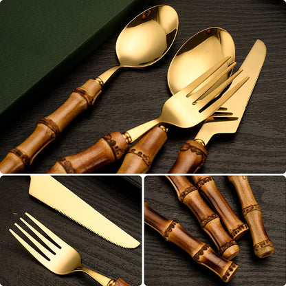 Conjunto de Talheres de Bambu 1 peça/4 peças Aço Inoxidável Dourado Faca Garfo Colher Louça Talheres Seguros para Lava-louças Conjunto de Talheres