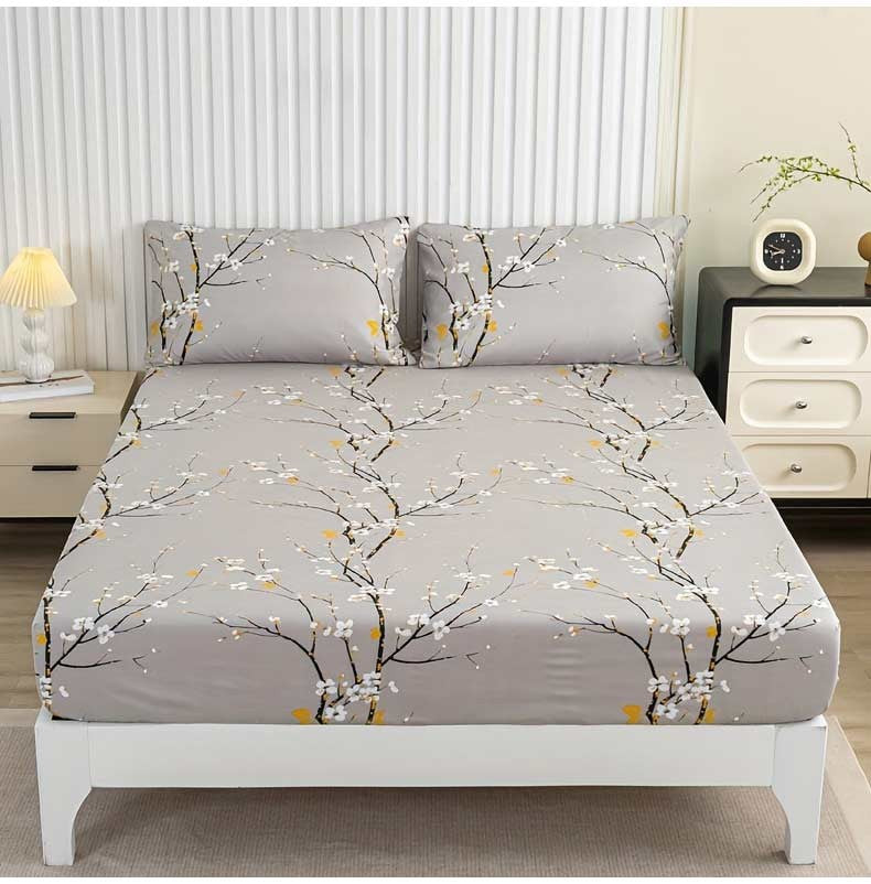 Conjunto de Lençol com Elástico Estampado 3 Peças (1 Lençol com Elástico + 2 Fronhas, Sem Enchimento)